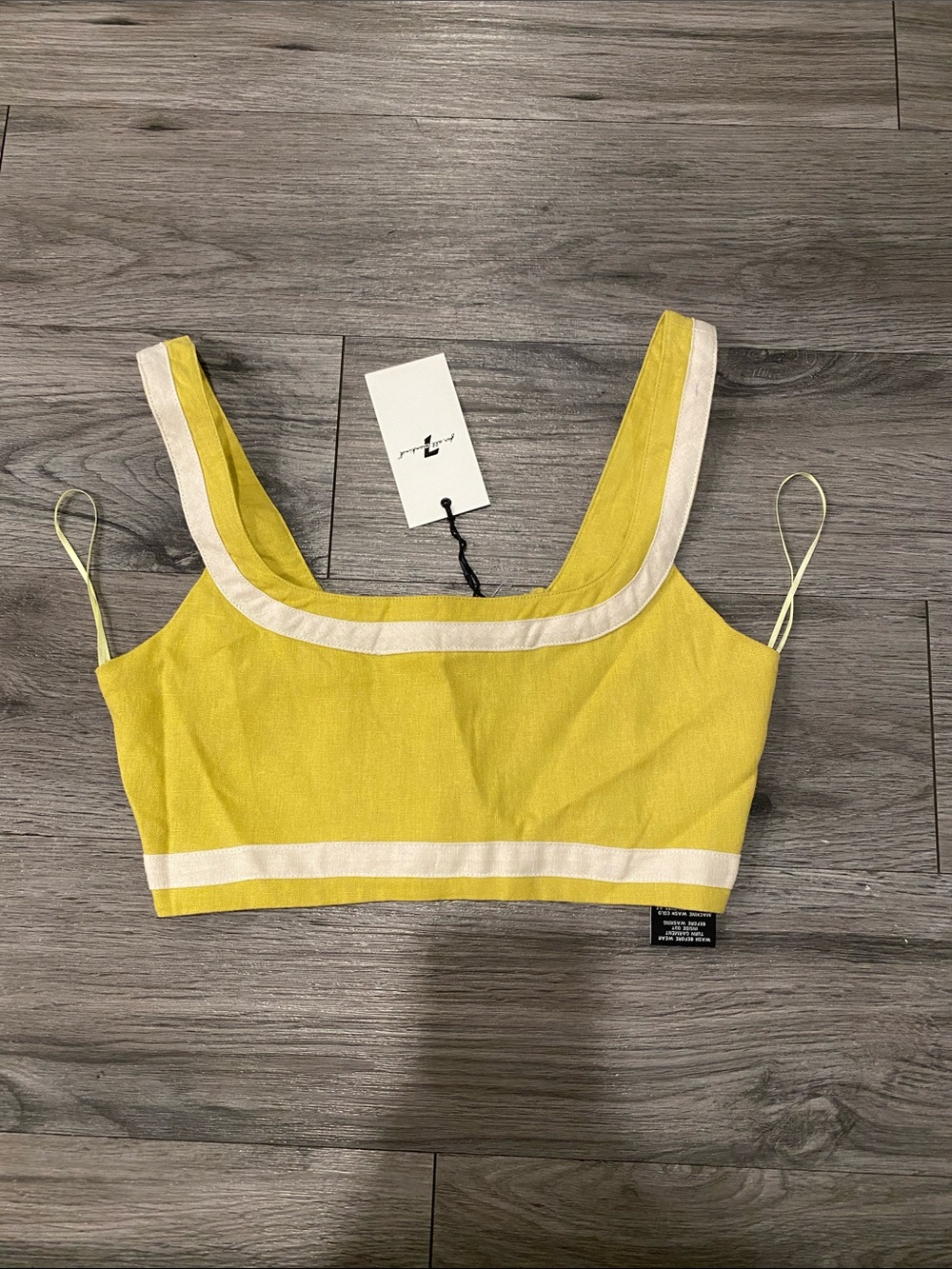 7 For All Mankind Yellow Cropped Square-Neck Tank with Cream Trim